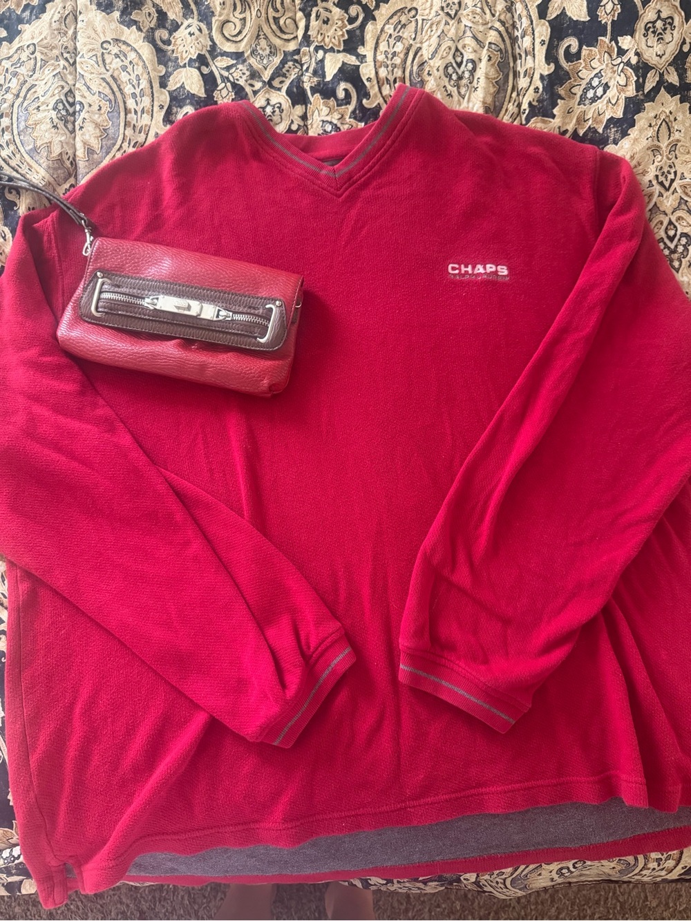 VINTAGE Ralph Lauren X Chaps Red V-Neck Sweater and Purse Set 100% COTTON